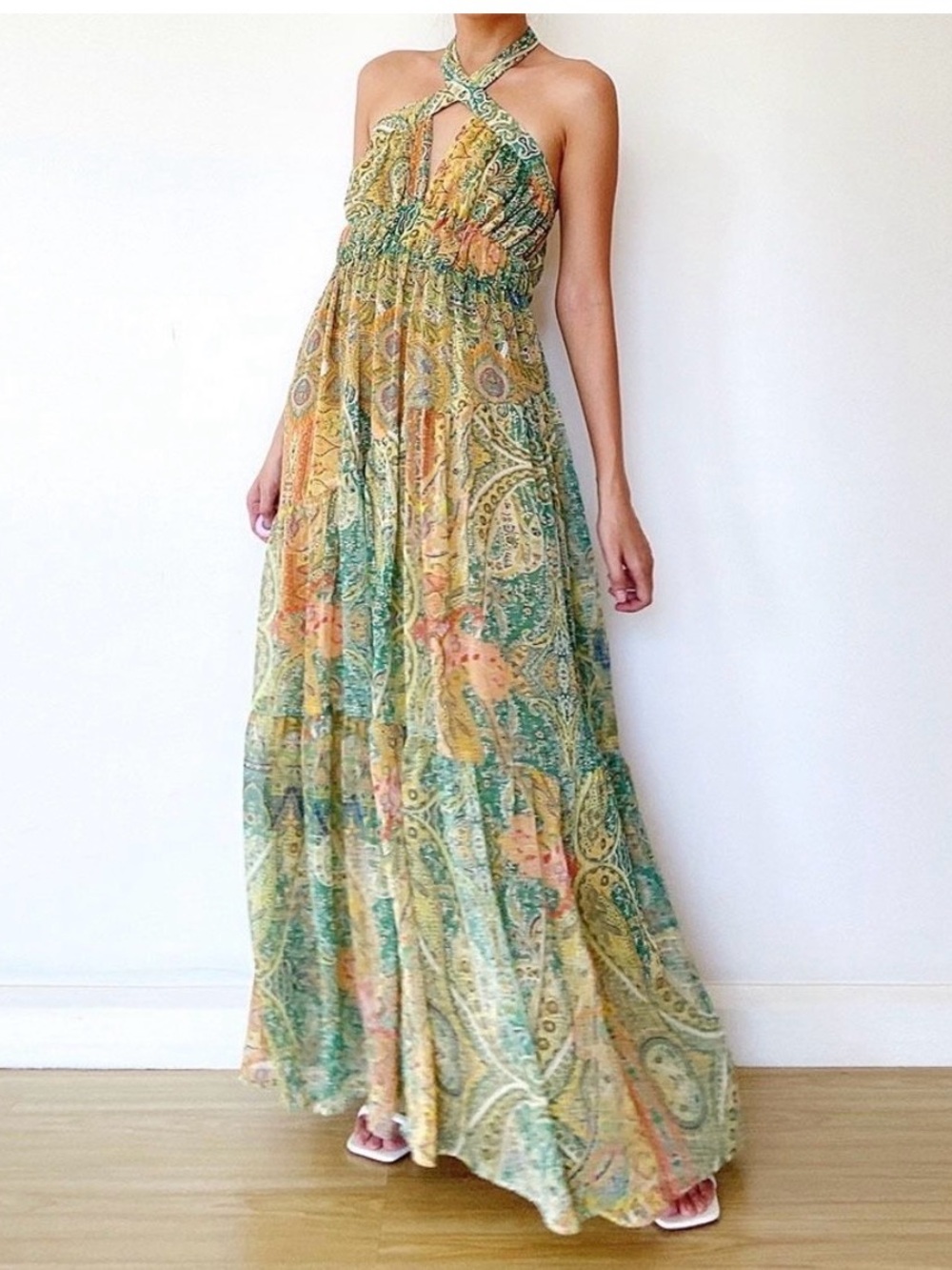 Zara Green and Yellow Paisley Halter Maxi Dress